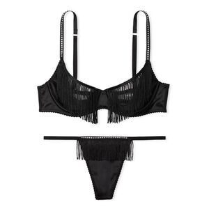 Victoria's Secret  Fringe Open‎ Quarter Cup Shine Strap Bra & Thong Set XL Black